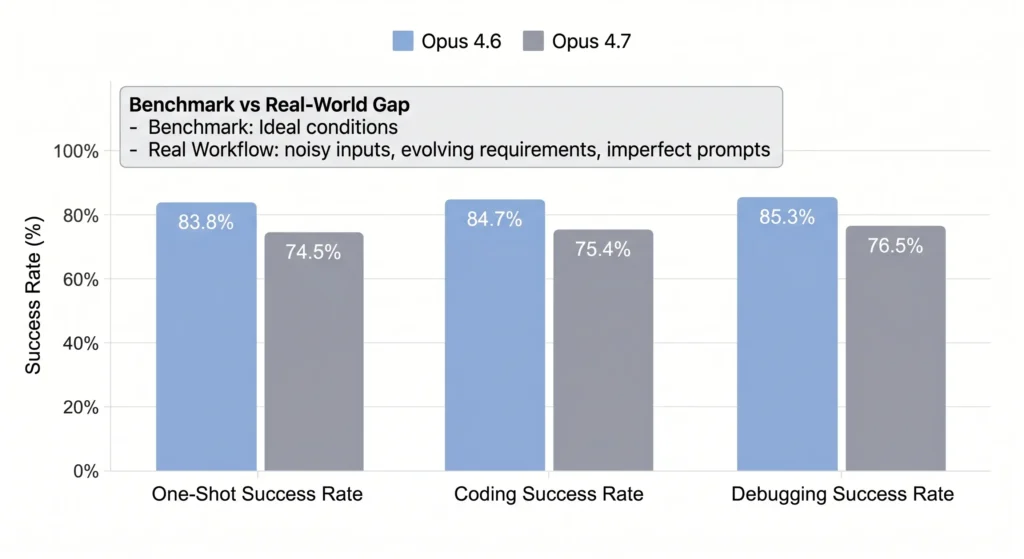 Bar chart comparing Opus 4.6 and Opus 4.7 real-world performance, showing higher one-shot, coding, and debugging success rates for Opus 4.6, with annotation highlighting the gap between benchmark results and real workflow conditions.