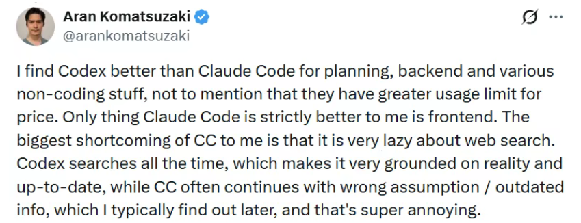  Researcher Aran Komatsuzaki noted that Claude Code still leads in frontend tasks