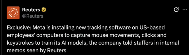 A memo obtained by Reuters states clearly: the data collected by MCI will be used to train AI agents capable of “autonomously executing work tasks.”